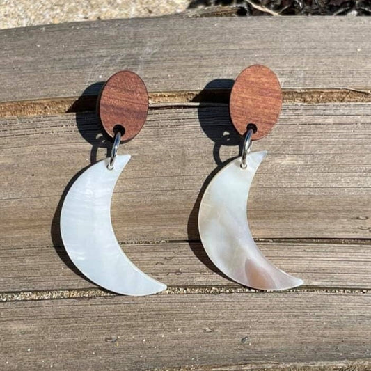 Mother of Pearl Moon and Wood Earrings