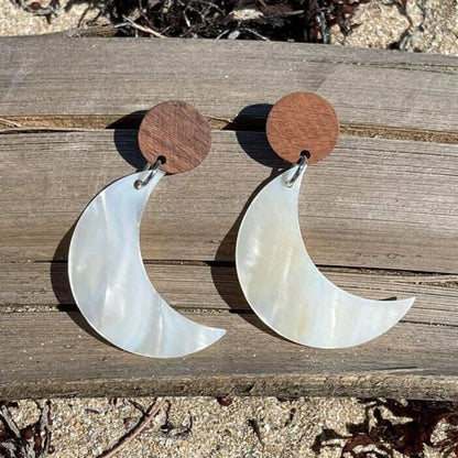 Mother of Pearl Moon and Wood Earrings