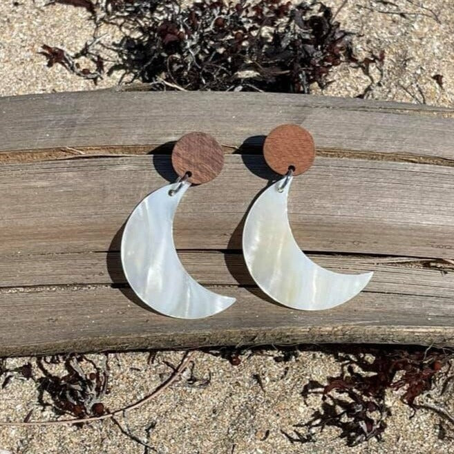 Mother of Pearl Moon and Wood Earrings